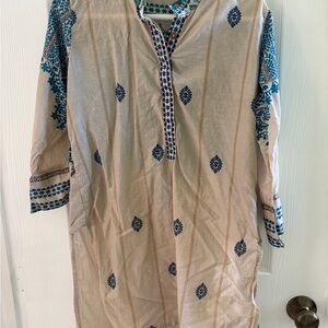 Beige and Blue Khaadi Patterned Tunic